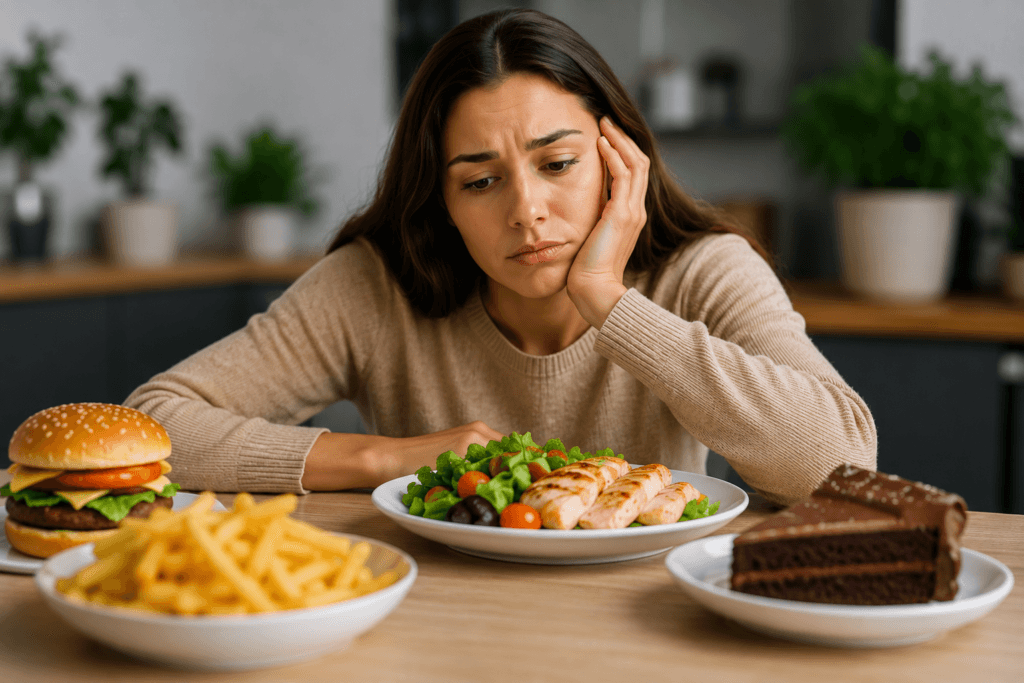 Woman feeling food cravings after eating while looking at healthy food, burger, fries, and chocolate cake.