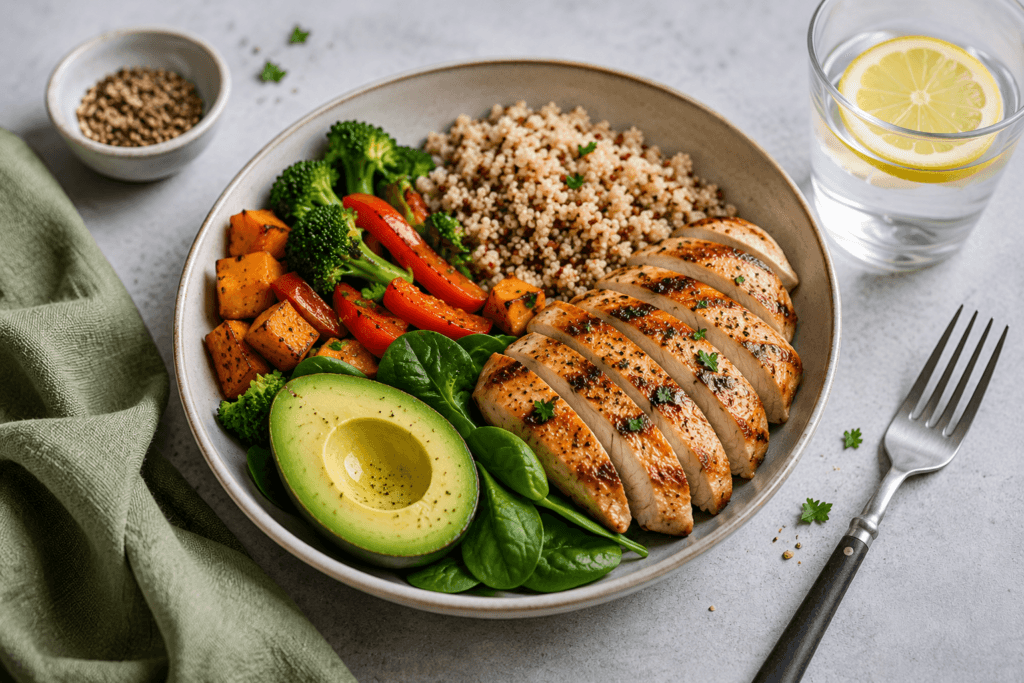 Balanced meal with chicken, quinoa, avocado, vegetables, and water to help reduce food cravings.
