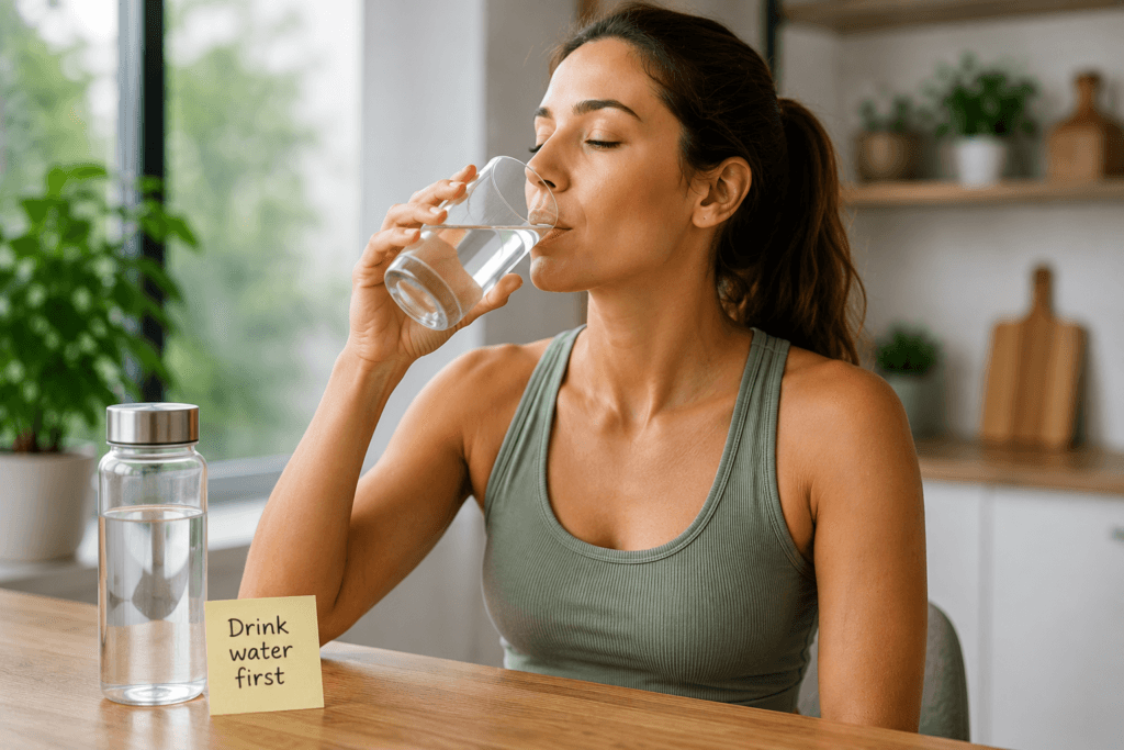 Woman drinking water to help reduce food cravings and avoid confusing thirst with hunger.