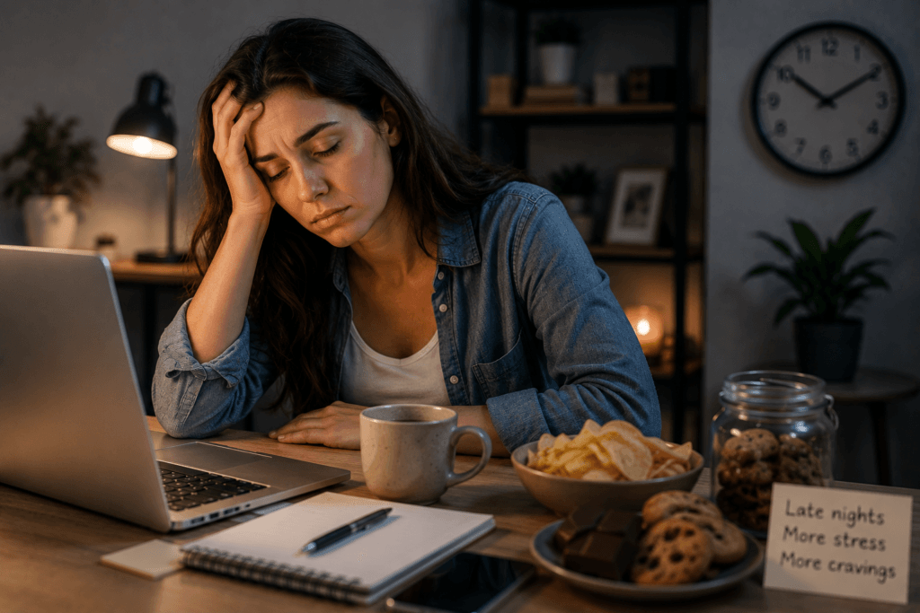 Tired woman working late at night with snacks nearby, showing how stress and poor sleep can increase food cravings.