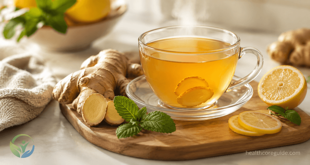 Cup of ginger tea with fresh ginger and lemon for ginger tea for weight loss.