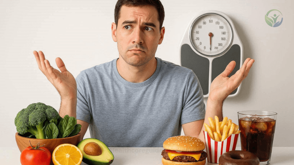 Person feeling confused between healthy and unhealthy food choices while trying to lose weight