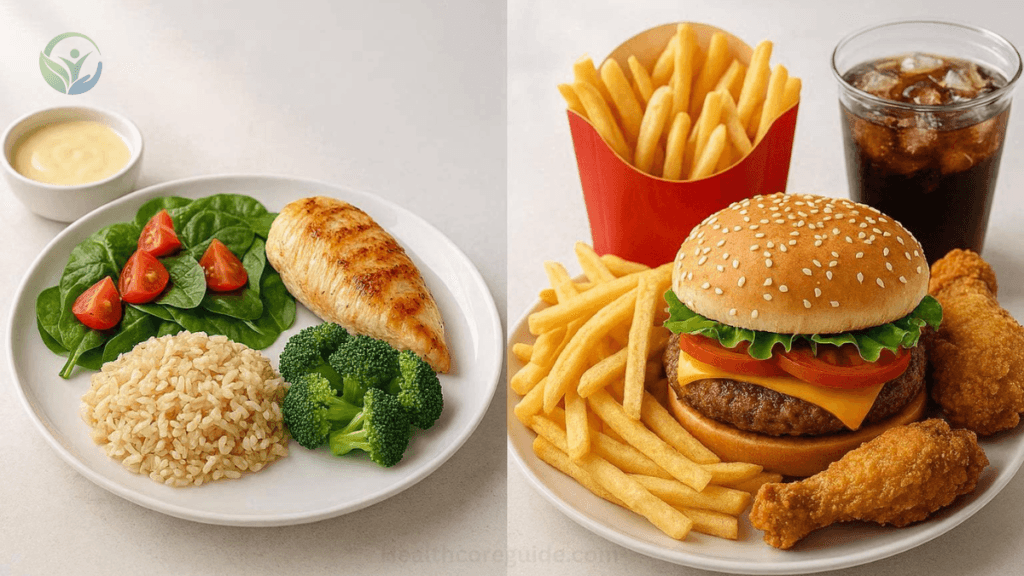 Healthy balanced meals compared with oversized unhealthy food portions