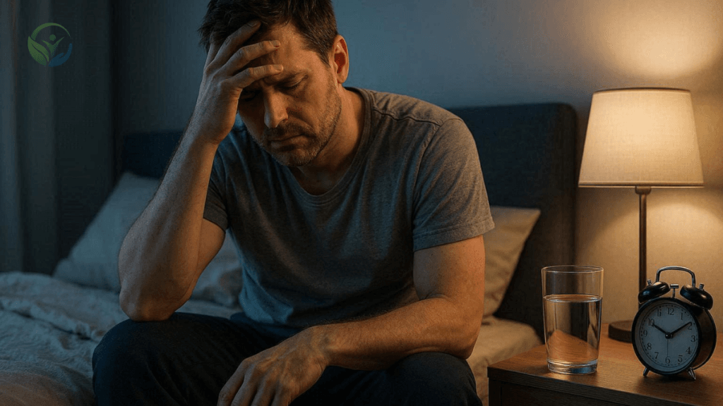 Tired stressed person sitting on a bed at night showing poor sleep and stress
