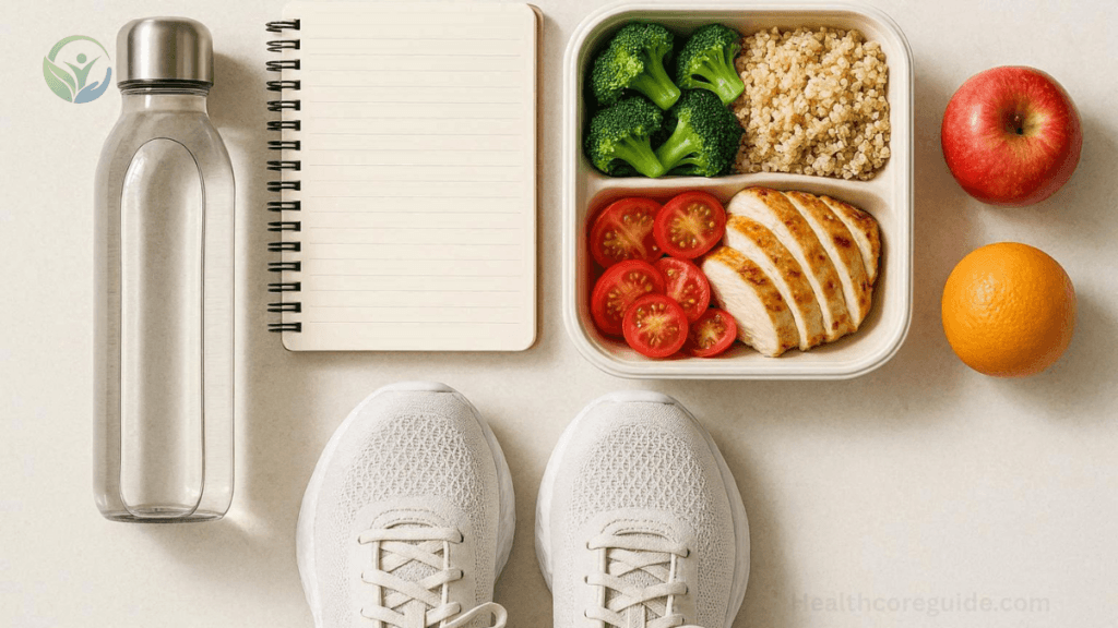 Healthy daily habits including water, fresh food, and exercise essentials