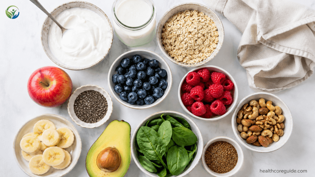 Gut health foods for weight loss including yogurt berries oats and healthy breakfast ingredients