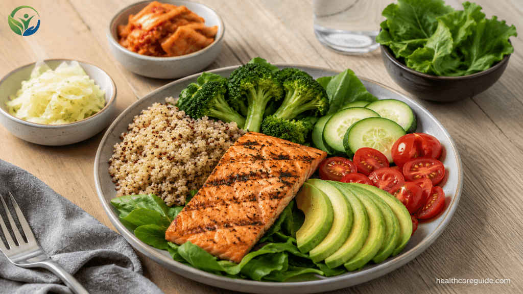 Gut health meal for weight loss with grilled salmon fresh vegetables and a balanced plate