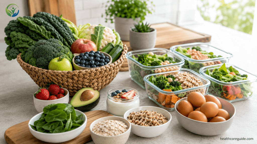 Meal prep for gut health foods for weight loss with simple healthy foods and balanced portions