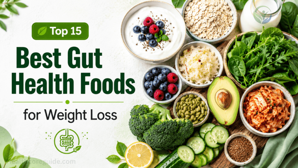 Top gut health foods for weight loss including avocado, yogurt, berries, salmon, eggs, and healthy vegetables