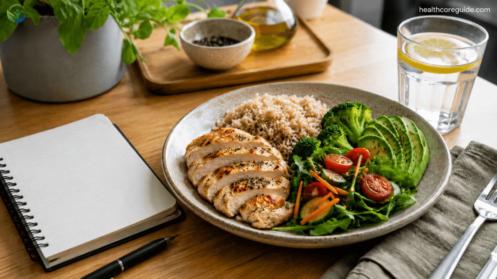 Balanced healthy meal with protein, fiber, vegetables, and water to help reduce food cravings after eating.