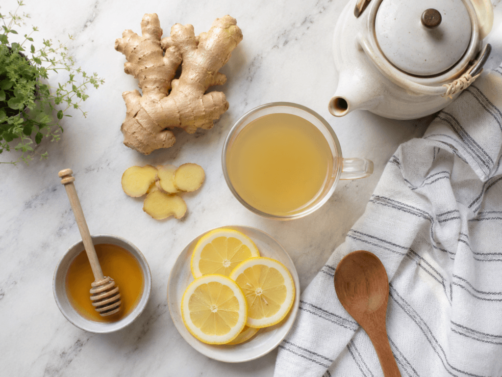 Fresh ginger, lemon, honey, and tea ingredients for homemade ginger tea for weight loss.
