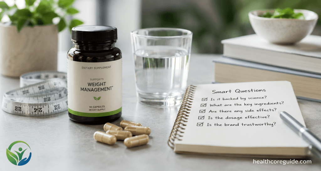 Weight loss supplements bottle, capsules, and a notebook with questions for choosing the right supplement.